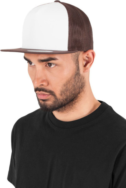 Čepice kšiltovka Snapback, FLEXFIT Yupoong Trucker, šíťkovaná, bílo-hnědá