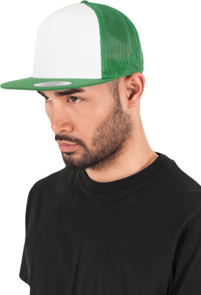 Čepice kšiltovka Snapback, FLEXFIT Yupoong Trucker, šíťkovaná, bílo-zelená