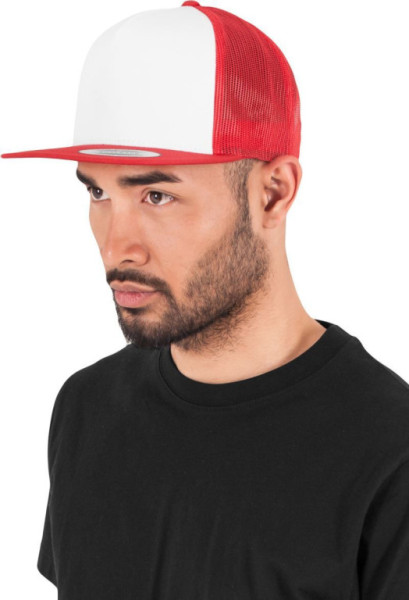 Čepice kšiltovka Snapback, FLEXFIT Yupoong Trucker, šíťkovaná, bílo-červená