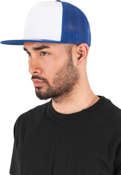 Čepice kšiltovka Snapback, FLEXFIT Yupoong Trucker, šíťkovaná, bílo-světle modrá