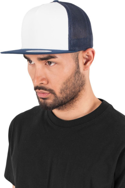Čepice kšiltovka Snapback, FLEXFIT Yupoong Trucker, šíťkovaná, bílo-tmavě modrá