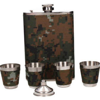 Placatka Khaki 200ml s nášivkou se 4 panáky a nálevkou - dárková sada